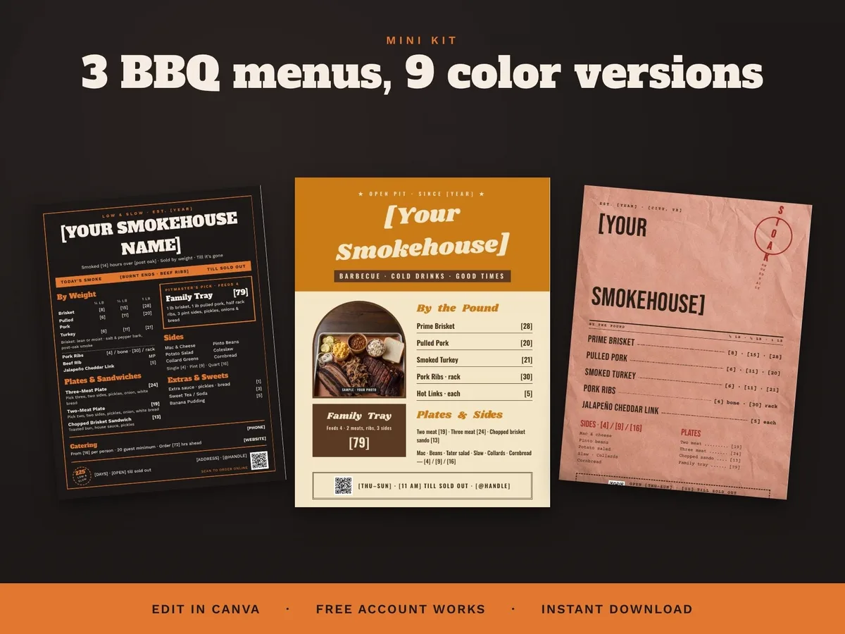 BBQ Menu Template Set — 3 Menus in 3 Colors