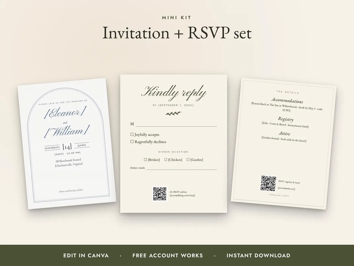 Olive Wedding Invitation Set — Invitation, RSVP and Details Card